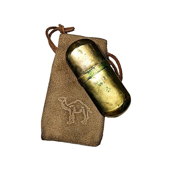 Vintage RJR RJ Reynolds Tobacco Brass #5 Camel Lighter in Suede Drawstring Bag - Picture 1 of 10